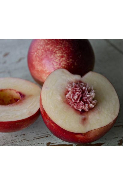 Половинка нектарина сорту ’Скіф’ із яскраво-жовтою м’якоттю та кісточкою всередині